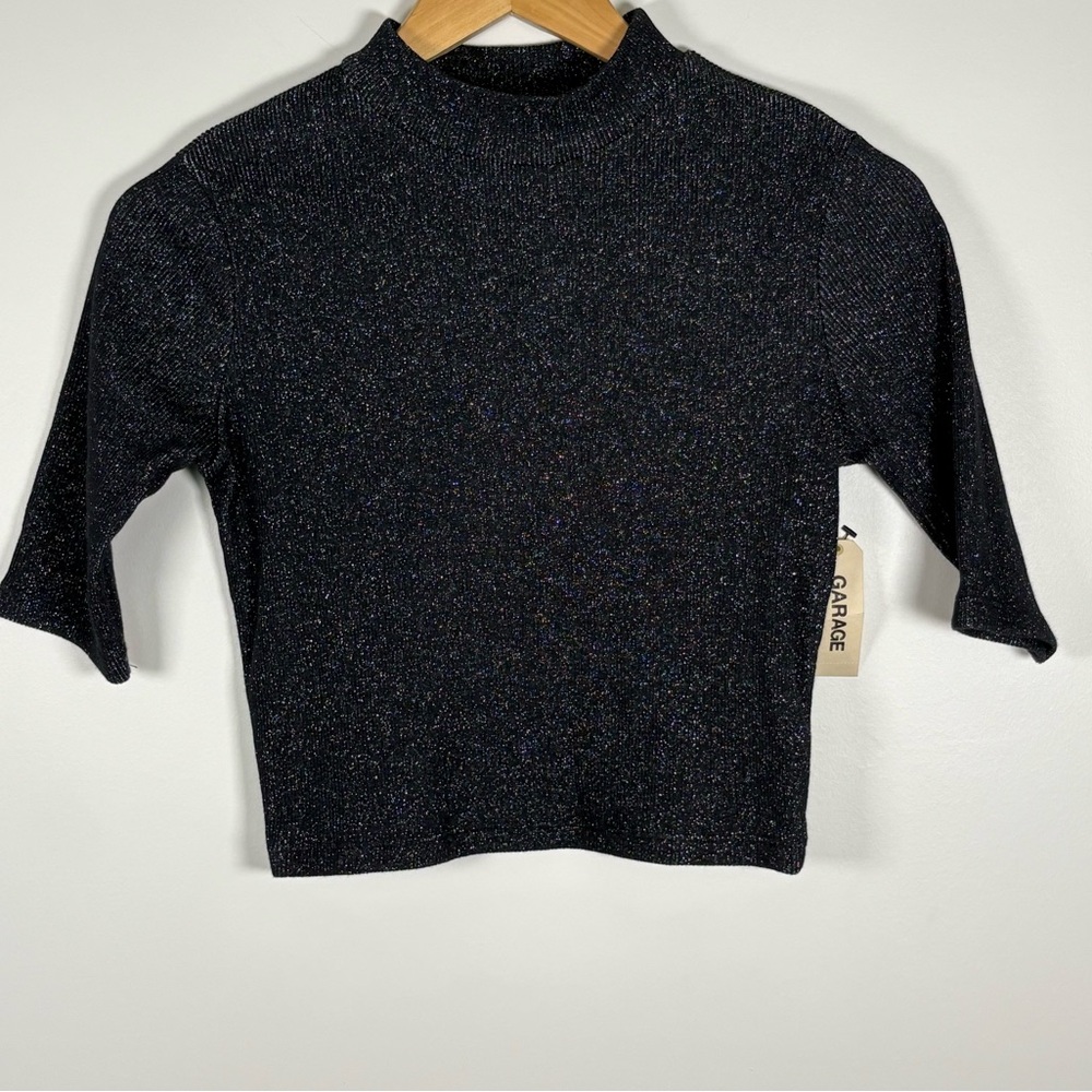 NWT Garage Women’s Mock Neck Shimmer Top, Size Small, Metallic Black, Luxe Feel